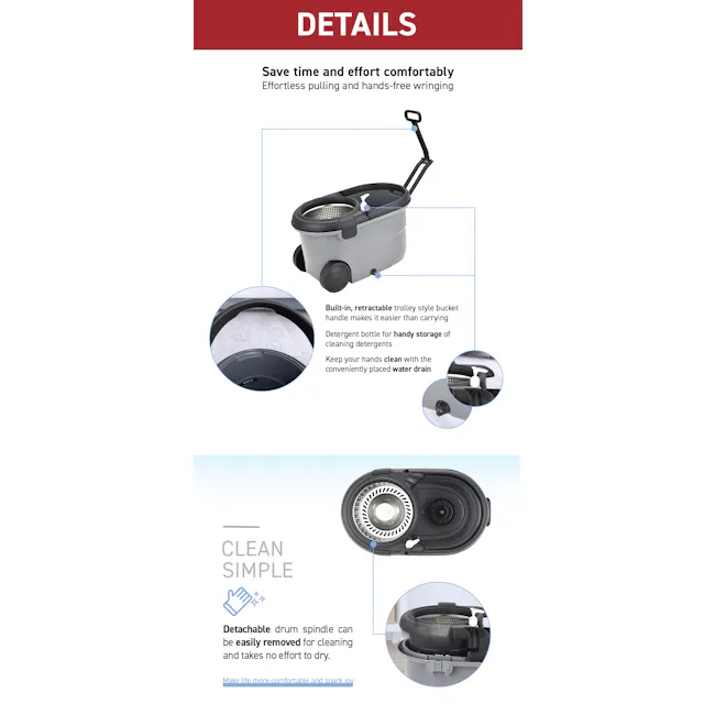 Rene Ollie Revolutionary Microfibre Spin Mop Set - 4 - Effortless pulling and hands-free wringing, Built-in, retractable