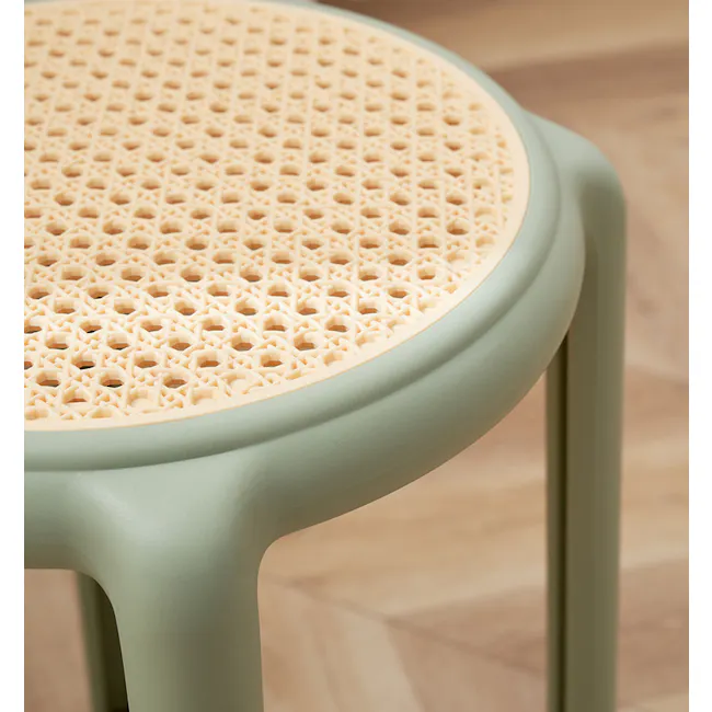 Alaska Stackable Stool - Amber - 7 - Muted green chair, intricate pattern, soft texture, pale beige top, round design