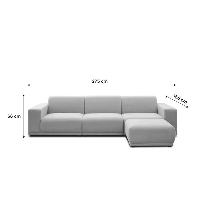 Milan 4 Seater Sofa with Ottoman - Smokey Grey (Faux Leather) - 31 - Grey sectional sofa, 275 cm total length, 155 cm seat
