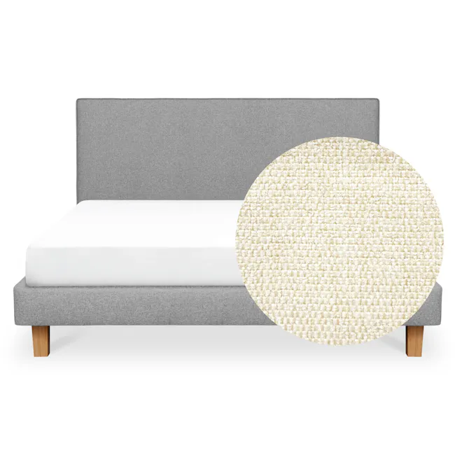 ESSENTIALS King Headboard Divan Bed - Oat (Eco Clean Fabric) - 1 - Grey upholstered headboard, white bedspread, wooden legs
