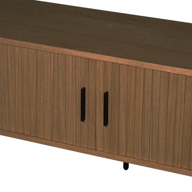 Nola TV Console 1.5m - Walnut - 5 - Wooden cabinet with black handles, brown wooden surface, vertical wood grain pattern