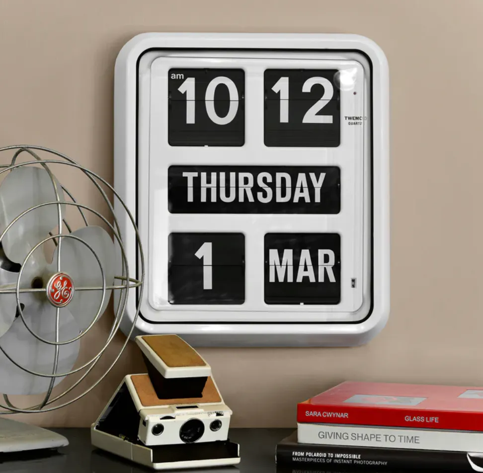 TWEMCO Big Calendar Flip Wall Clock with Chinese Text - White Case Black Dial - 11 - Vintage alarm clock, black and white
