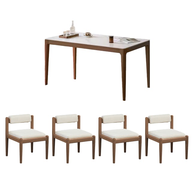 Adelyn Dining Table 1.2m (Sintered Stone) with 4 Niel Chairs in Walnut - 1 - Modern minimalist dining table, white and brown