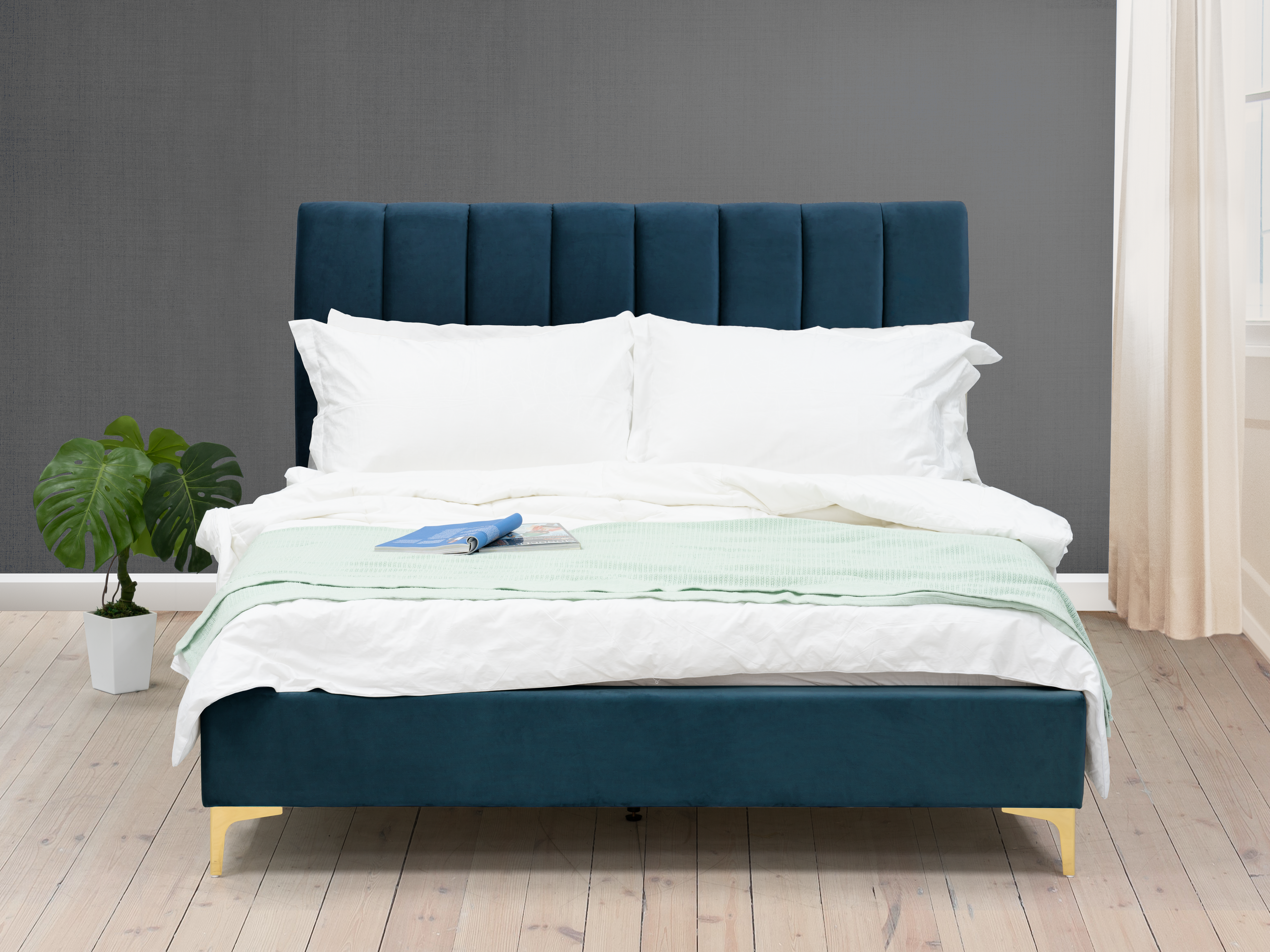 Aurelia King Bed In Sapphire With 2 Xander Mirror Side Table