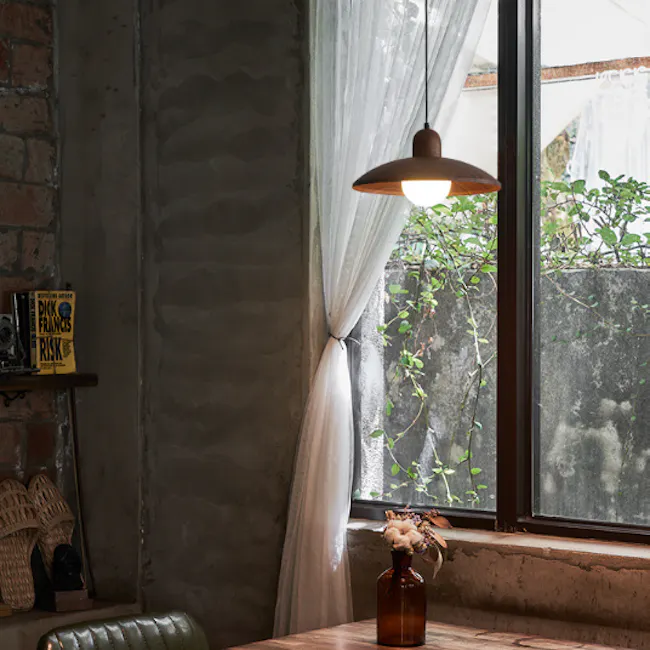 Kenya Pendant Lamp - Walnut - 2 - Rustic ambiance with exposed brick walls and wooden furniture, Soft, diffused light
