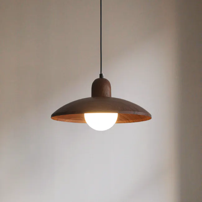 Kenya Pendant Lamp - Walnut - 5 - Dramatic pendant light with rustic wooden shade, warm glowing bulb, minimalist design