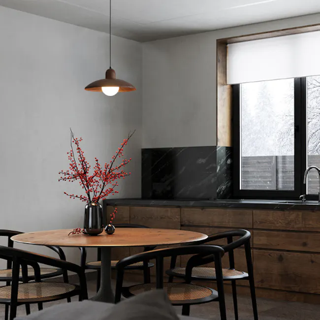 Kenya Pendant Lamp - Walnut - 6 - Modern dining room with sleek furniture, rustic wooden table, elegant pendant light