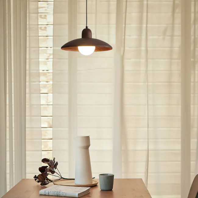 Kenya Pendant Lamp - Walnut - 4 - Modern minimalist table, soft ambient lighting, natural light filtering through sheer