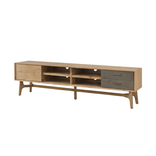 Hudson TV Console 2m - 8 - Wooden sideboard with built-in drawers, minimalist design, light wood finish, open shelving, two