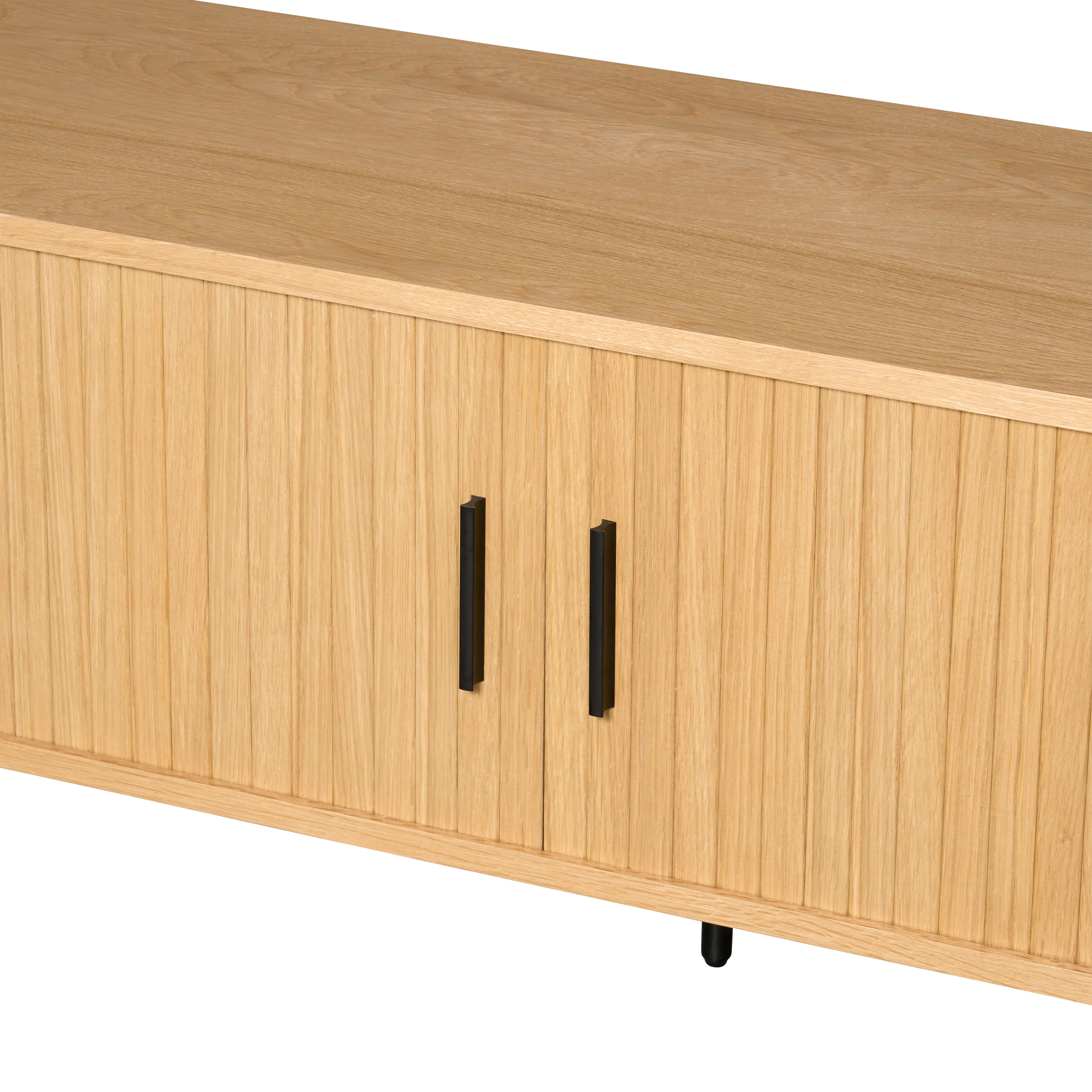 Nola TV Console 1.8m - Oak - 13 - Wooden cabinet with black handles, light wooden surface, vertical grain pattern