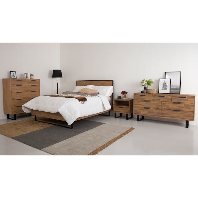 Dakota 7 Drawer Chest 1.55m - 9 - Wooden nightstand, bed with white comforter, brown pillows, gray blanket, black metal