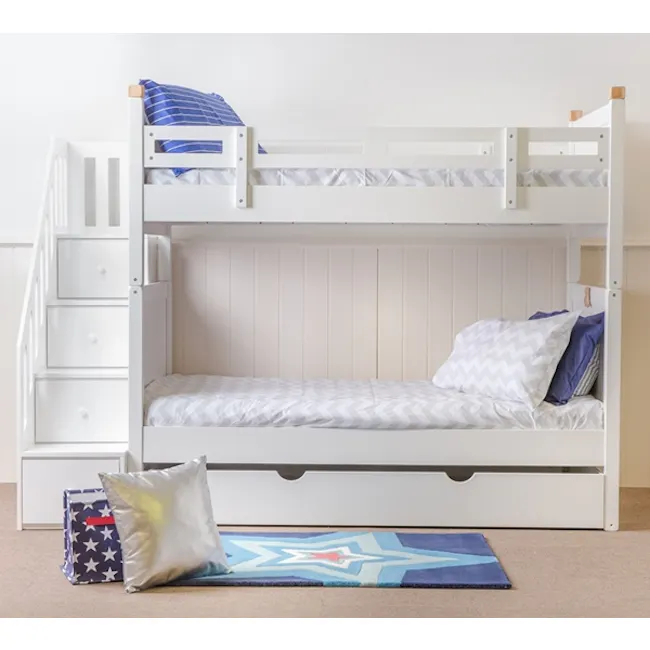 Matt Super Single Bunk Bed with Staircase - 2 - Step ladder, bunk bed, white bunk bed, storage drawer, blue and white