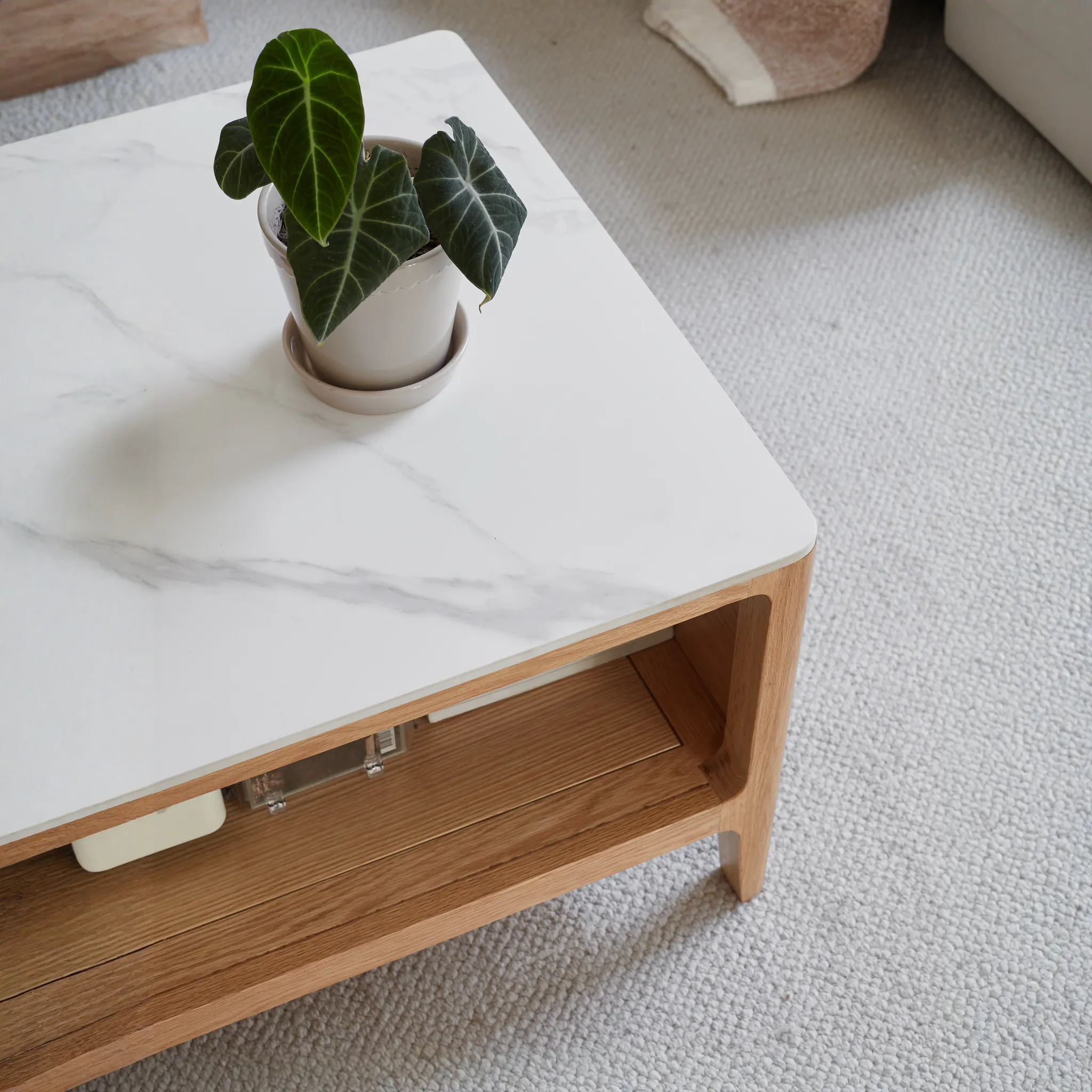 Devin Coffee Table 1m (Sintered Stone) - 17 - White marble coffee table, green ivy plant, wooden coffee table legs, light