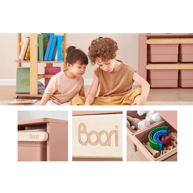 Tidy Toy Cabinet - Cherry & Almond - 4 - Children sitting on floor, engaging with toys, wooden storage bins, colorful books