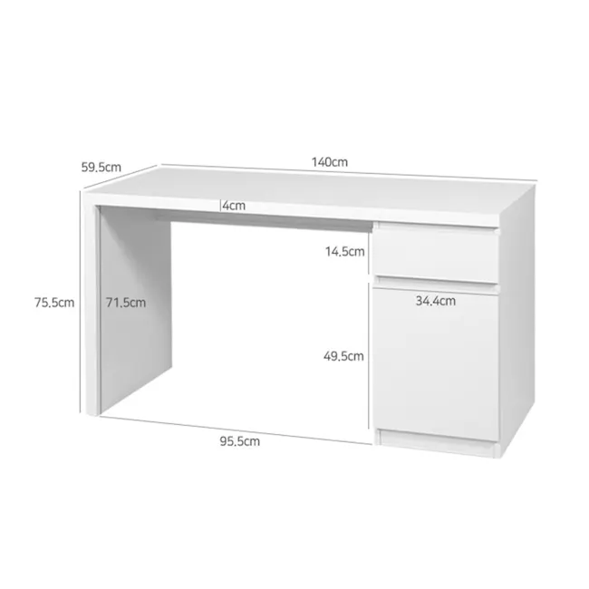 Flando Study Table 1.4m - 10 - Compact, white desk with open side panel, Ergonomic workspace with adjustable height