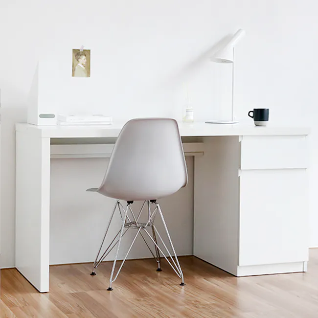 Flando Study Table 1.4m - 9 - White minimalist desk, modern chair, sleek desk lamp, wooden floor, white walls, simple decor