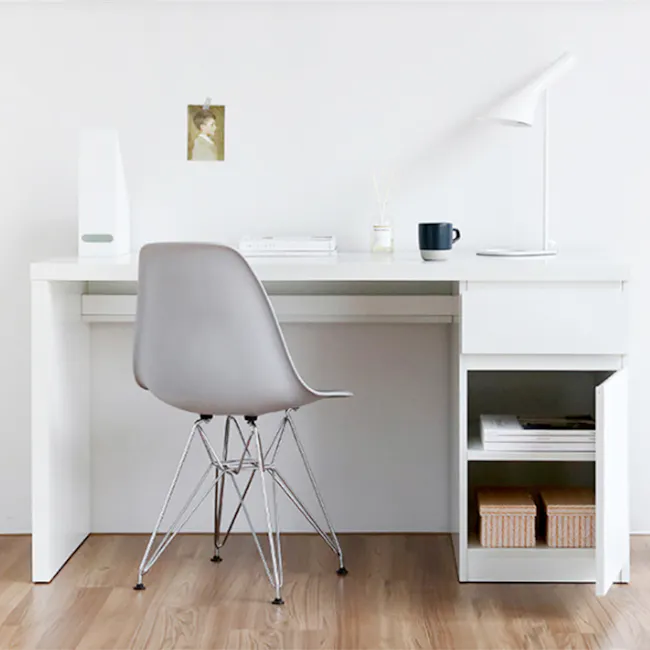 Flando Study Table 1.4m - 4 - White minimalist desk, modern chair, sleek lamp, wooden floor, white wall, small framed