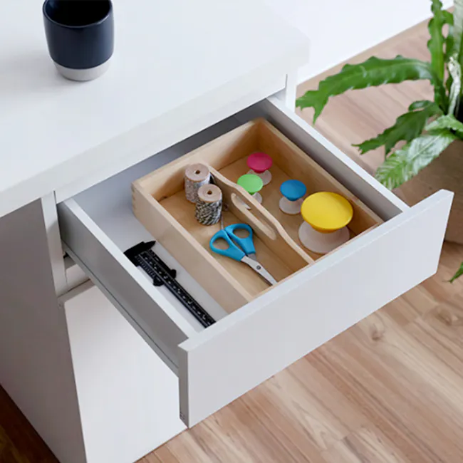 Flando Study Table 1.4m - 5 - Wooden drawer, neatly organized, craft supplies, scissors, spools of thread, colorful caps