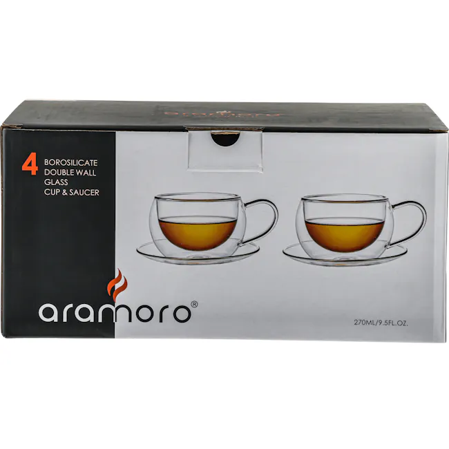 Aramoro Borosilicate Glass Double Wall Cup with Handle And Saucer - 2 Pcs / Set - 6 - Borosilicate glass cup and saucer