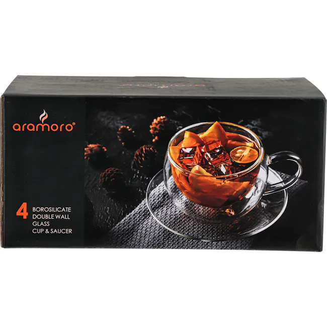 Aramoro Borosilicate Glass Double Wall Cup with Handle And Saucer - 2 Pcs / Set - 4 - black box, aramoro, 4 borosilicate
