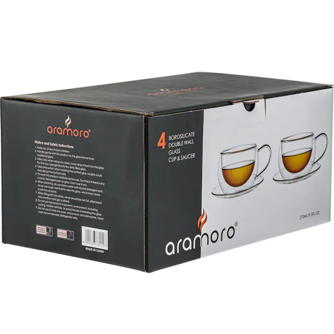 Aramoro Borosilicate Glass Double Wall Cup with Handle And Saucer - 2 Pcs / Set - 5 - 4 Borosilicate Double Wall Glass Cup &