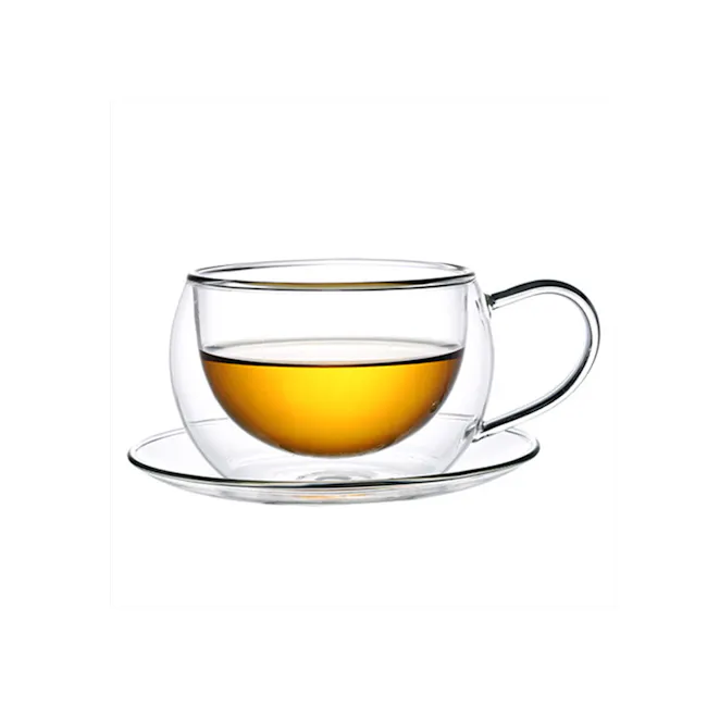 Aramoro Borosilicate Glass Double Wall Cup with Handle And Saucer - 2 Pcs / Set - 1 - Clear glass cup, transparent tea