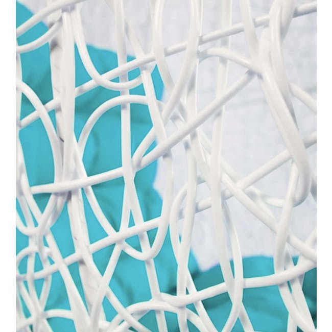 White Cocoon Swing Chair - Blue Cushion - 2 - Close-up view of a white net with intricate patterns, Vibrant turquoise fabric