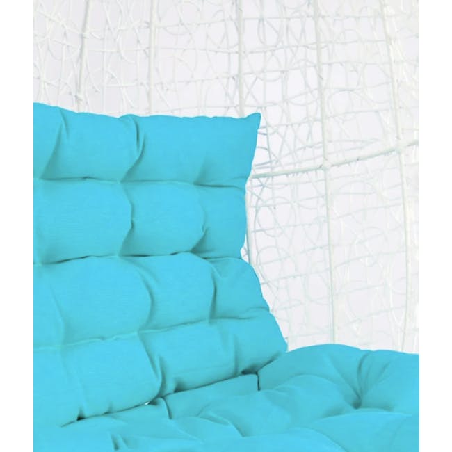 White Cocoon Swing Chair - Blue Cushion - 3 - Turquoise cushion, vibrant pillow, geometric pattern, soft texture, plush