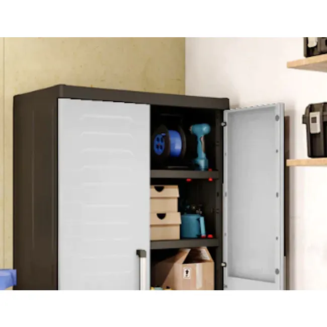 Detroit XL Multipurpose Cabinet - 5 - Storage cabinet, open door, organized shelves, tools, boxes, storage bins, utility