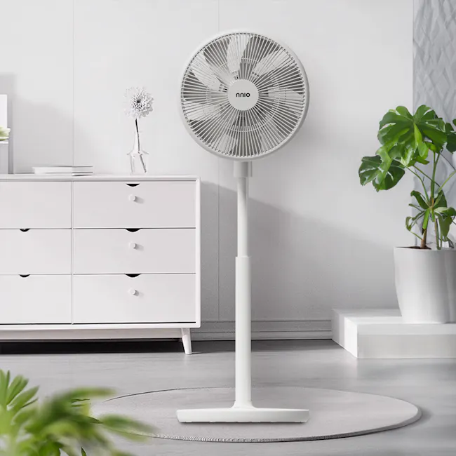 NNIO 14'' BLDC Stand Fan With Remote (N1400DCSFR) - 5 - White modern fan, minimalist room decor, sleek design, contemporary