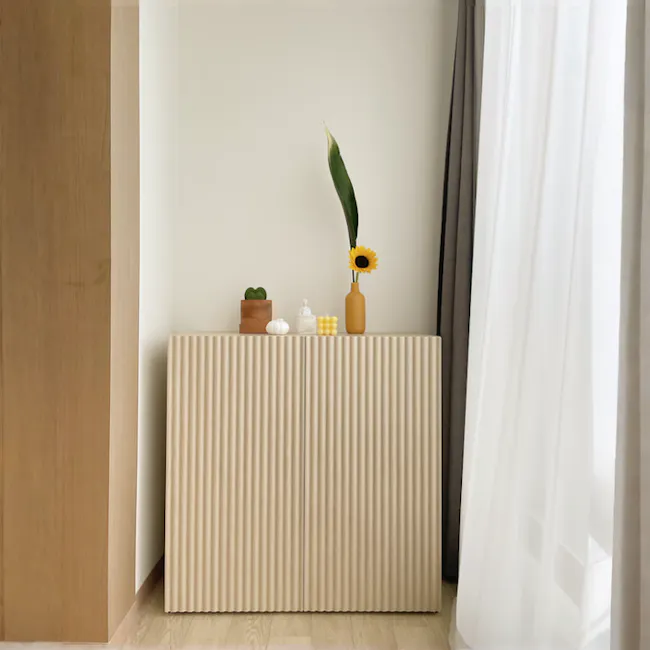 Heidi Cabinet 0.8m - Oak - 7 - vibrant green plant, minimalist decor, wooden cabinet, beige textured surface, vertical