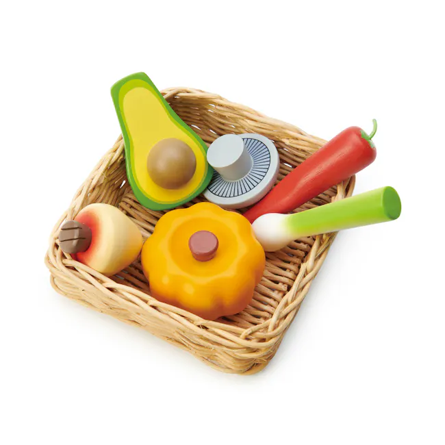 Tender Leaf Toy Kitchen - Veggie Basket - 1 - yellow avocado, green leafy vegetable, brown egg, white egg, red chili pepper