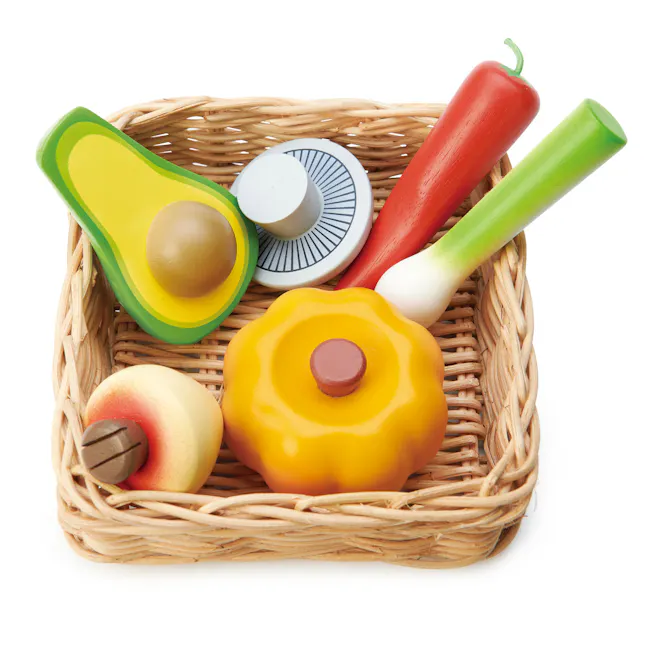 Tender Leaf Toy Kitchen - Veggie Basket - 4 - yellow bell pepper, red bell pepper, green onion, avocado, peach, apple