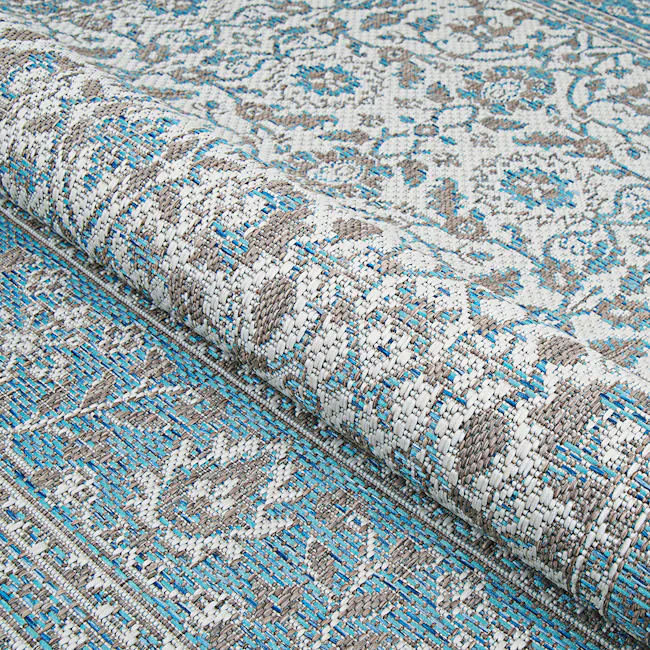 Carmoux Flatwoven Rug - Azure (3 Sizes) - 6 - Woven fabric, intricate pattern, blue and white design, textured surface