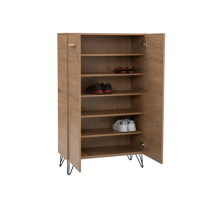 Sandra Shoe Cabinet - Oak - 2 - Wooden wardrobe with open doors, neatly organized shoes, light brown wood finish, minimalist