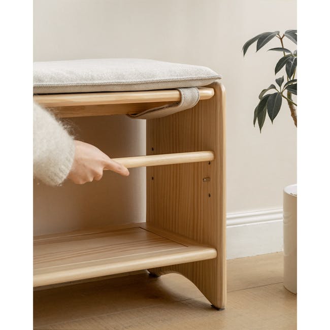 Hikaru Shoe Rack Bench 0.9m - 3 - Wooden bench with soft cushions, beige cushion on top, wooden armrests, light wooden