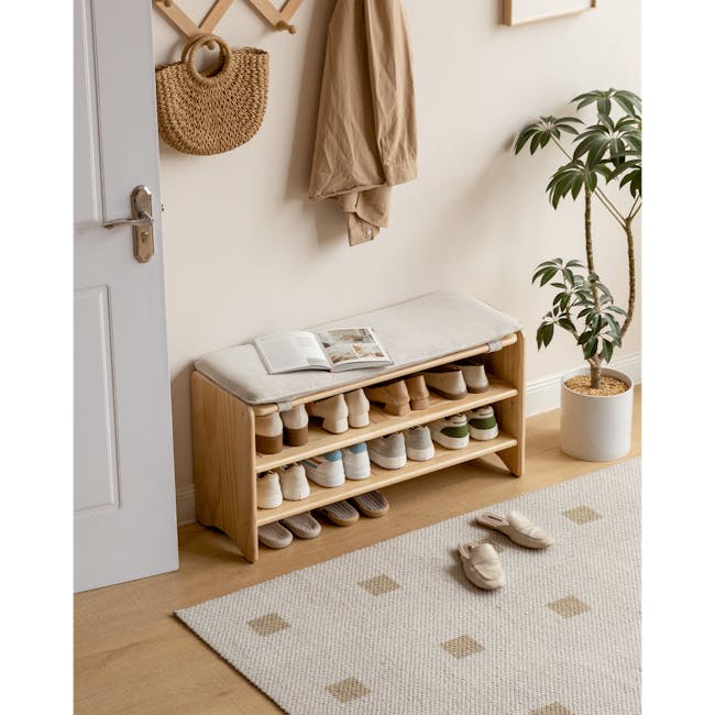 Hikaru Shoe Rack Bench 0.9m - 2 - Wooden shoe rack, beige shoes, open magazine, light-colored rug, potted plant, wooden