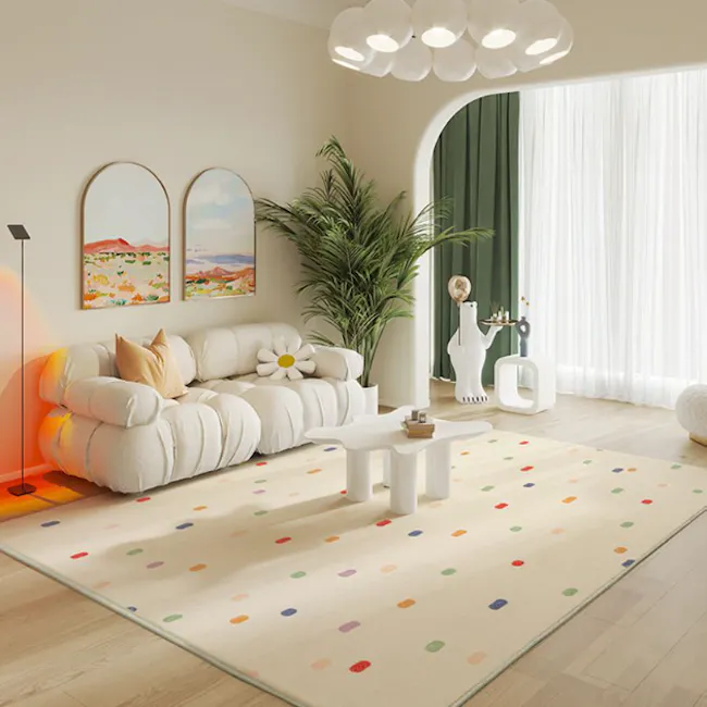 Piper Peppered Pastels Low Pile Rug - 120 x 200 cm - 3 - Modern living room with white sofa, colorful polka dot rug, large