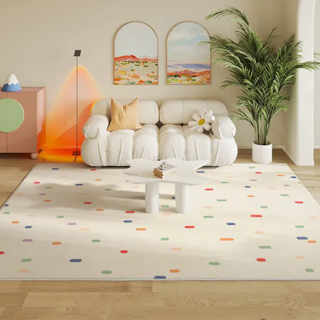 Piper Peppered Pastels Low Pile Rug - 120 x 200 cm - 2 - Modern living room with white sofa, colorful polka dot rug