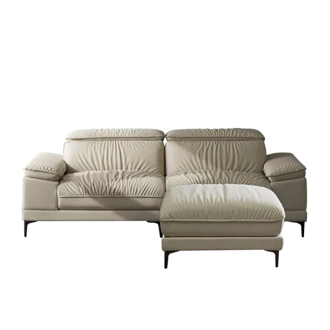 Sense 3 Seater Sofa with Adjustable Headrest and Ottoman - Beige (Faux Leather)
