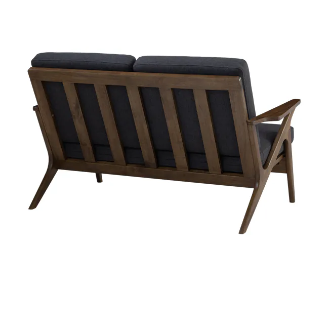Aston 2 Seater Sofa - Seal - 6 - Wooden bench with dark gray cushions, wooden frame, angled armrests, minimalist design