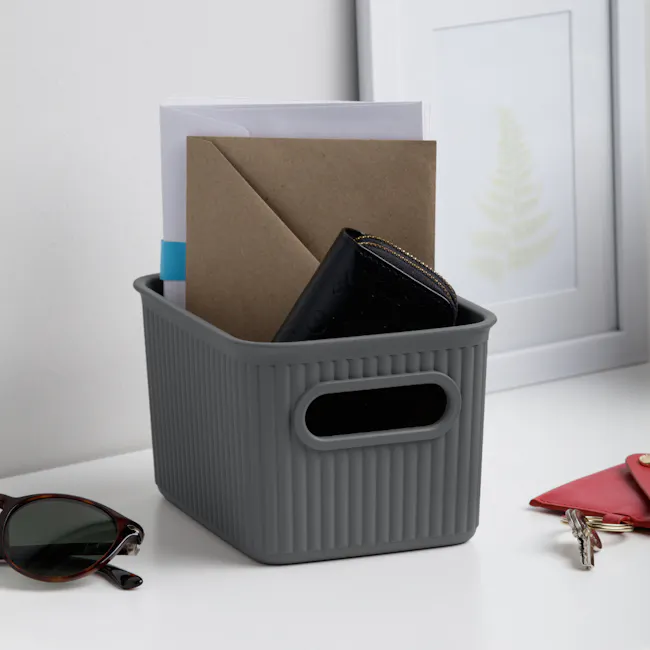 Tatay Organizer Storage Basket - Grey (4 Sizes) - 5L - 5 - Gray textured organizer, sunglasses, brown envelope, blue tape