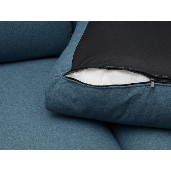 Alicia L-Shaped Sofa - Blue - 11 - blue fabric couch, black and white cushion, zipper pull, textured fabric, softness