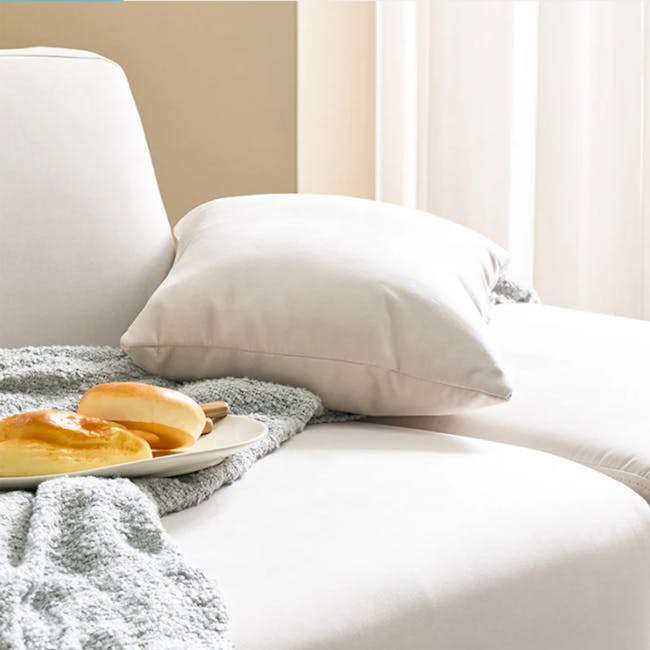 Macaron 3 Seater Left Arm Chaise Sofa - Light Grey (Pet Friendly) - 6 - White cushion, gray blanket, soft pillows, cozy