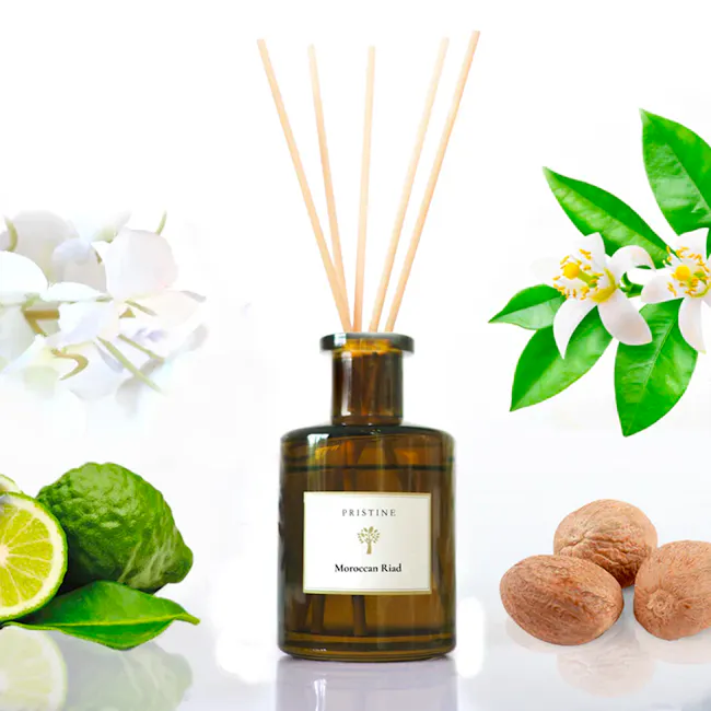 Pristine Aroma Reed Diffuser Hotel Scent - Moroccan Riad (2 Sizes) - 3 - White orchids, wooden sticks, citrus fruits, green