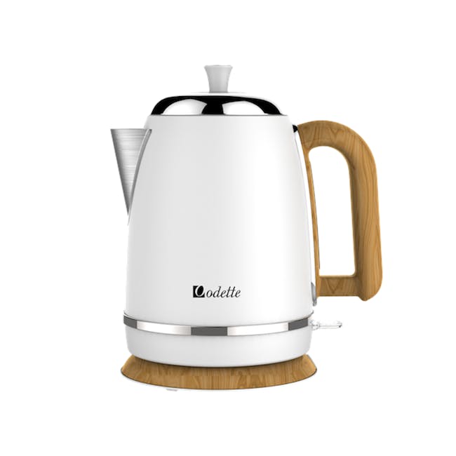 Odette Streamline 1.7L Stainless Steel Electric Kettle - White - 1 - White electric kettle, modern design, wooden handle