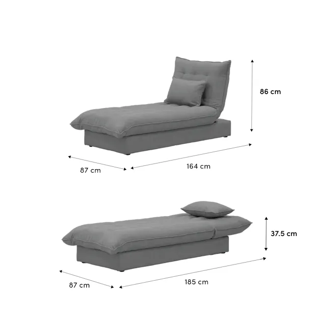 Tessa Storage Lounge Sofa Bed - Pewter Grey (Eco Clean Fabric) - 7 - Grey sofa, 86 cm height, 164 cm width, 87 cm seat
