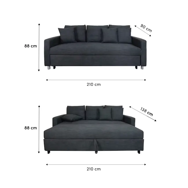 Vernon 3 Seater Sofa Bed - Dark Grey (Removable Covers) - 13 - Grey sofa, 210 cm height, 88 cm width, 90 cm depth, 138 cm