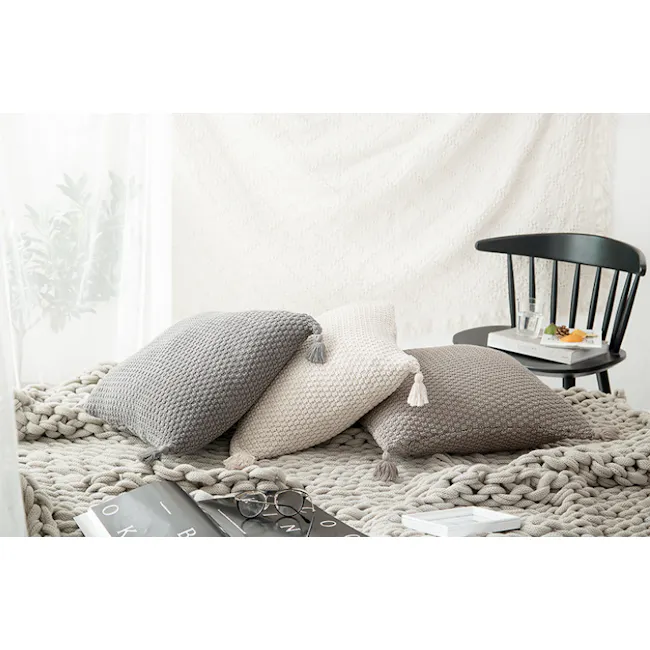 Laura Knitted Cushion Cover - Taupe - 3 - Cream, gray, beige, textured, cozy, soft, comfortable, modern, minimalist, serene