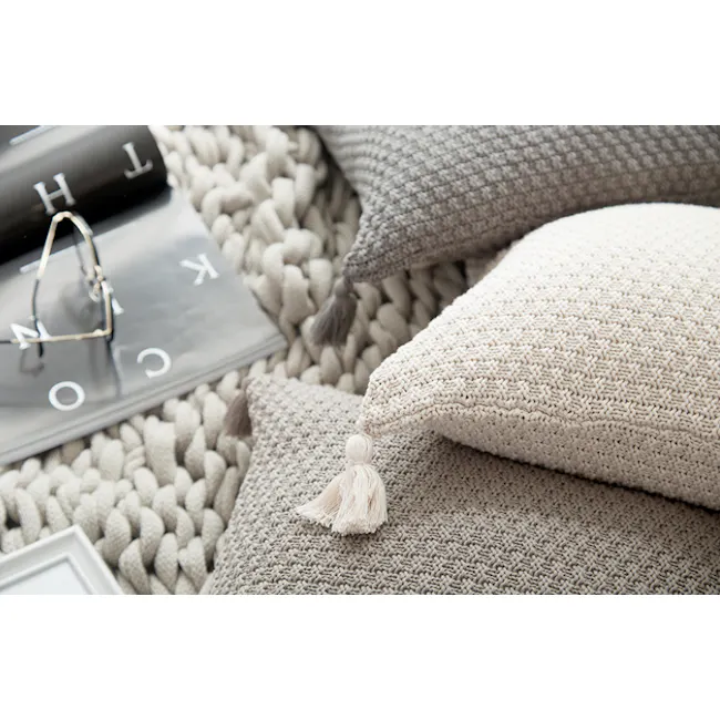 Laura Knitted Cushion Cover - Taupe - 4 - knit throw pillows, beige and gray, textured fabric, cozy seating, soft cushions